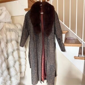 Genuine Fox Leather Snake Print Long Trench Coat Fur Collar Brown